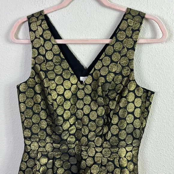 J. Crew Fit & Flare Black w/ Metallic Gold Dot Jacquard V-neck Mini Dress size 2 - Picture 2 of 12